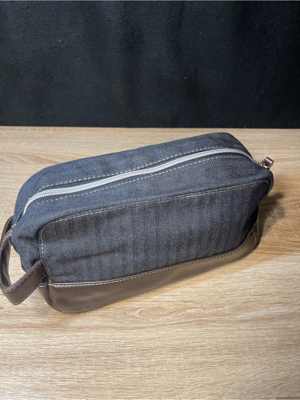 Gray Denim Victoria’s Secret Travel Dopp Kit with Brown Trim